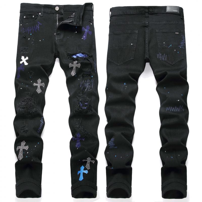 European and American High Street Black Cross Badge Rhinestone Distressed Jeans Men's Slim Fit Casual Long Pants Trendy Brand Streetwear Menswear