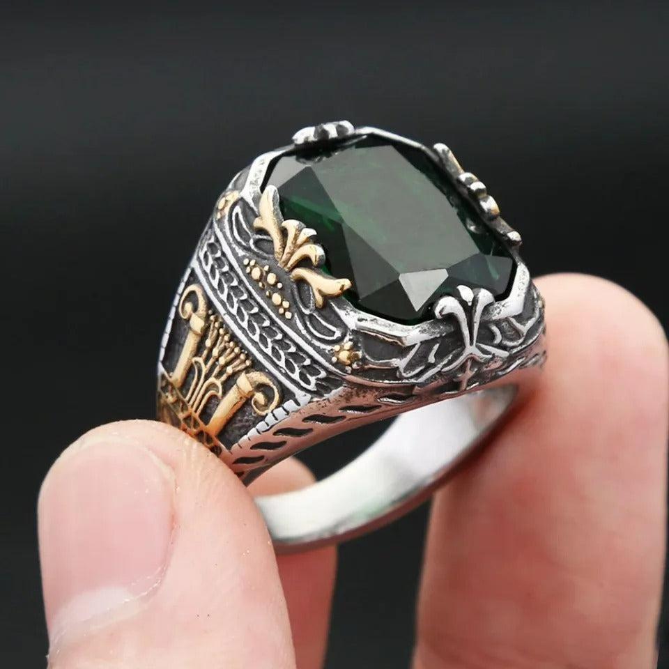 Men's Handmade Emerald Green Topaz Turkish Two Tone Ring