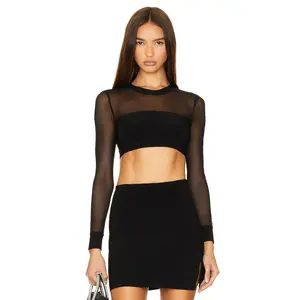 Norma Kamali X Revolve Crewneck Banded Midriff Top in Black Mesh Black/black Mesh