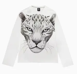 TCH-Rhinestone White Leopard Long Sleeves T-shirt Womenswear Tshirt