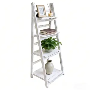 4 Tier Foldable Ladder Plant Stand Shelf, Heavy-Duty Wood Farmhouse Corner Shelf, Foldable Flower Display Basin Decorative Storage Cabinet Freestanding, Bookshelf Magazine Rack Bookshelf Plant Rack, for Plants, Books, Garden, Patio, Balcony