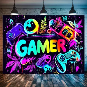 60X40 In Vibrant Gamer Graffiti Tapestry - Colorful UV Black Light Wall Hanging with Free Accessories, Perfect for Living Rooms, Bedrooms & Dorm Decor, Featuring Game Controllers & Neon Artwork, Gaming Room Accessory |   Gamer Theme Decor