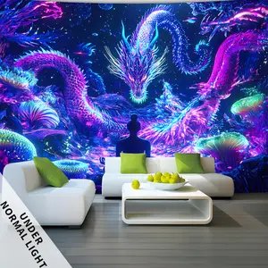 1pc Large Fluorescent Dragon Tapestry - Vibrant Underwater Meditation Scene with Glowing Fluorescent Lighting, Fantasy Party Banner, Aesthetic Bedroom & Living Room Wall Decor, No Installation Needed, Polyester, Indoor Use, Dragon Decor