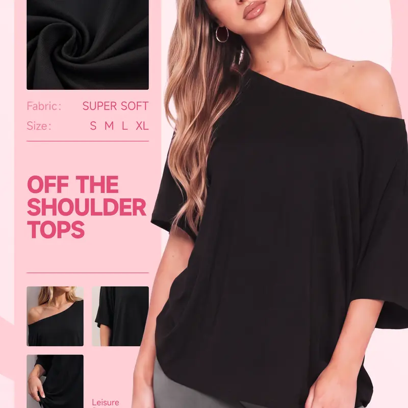 【Everyday Minimal】SHOWITTY Womens One-Shoulder Short Sleeve Top Loose Fit Summer T-Shirt Stretch Fabric