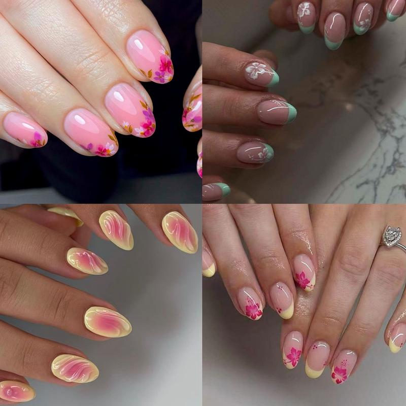 96pcs Short Oval False Nails, Acrylic Fake Nails, Multicolor Floral French Style, Y2K Acrylic Press-On Nails, Reusable for Women and Girls