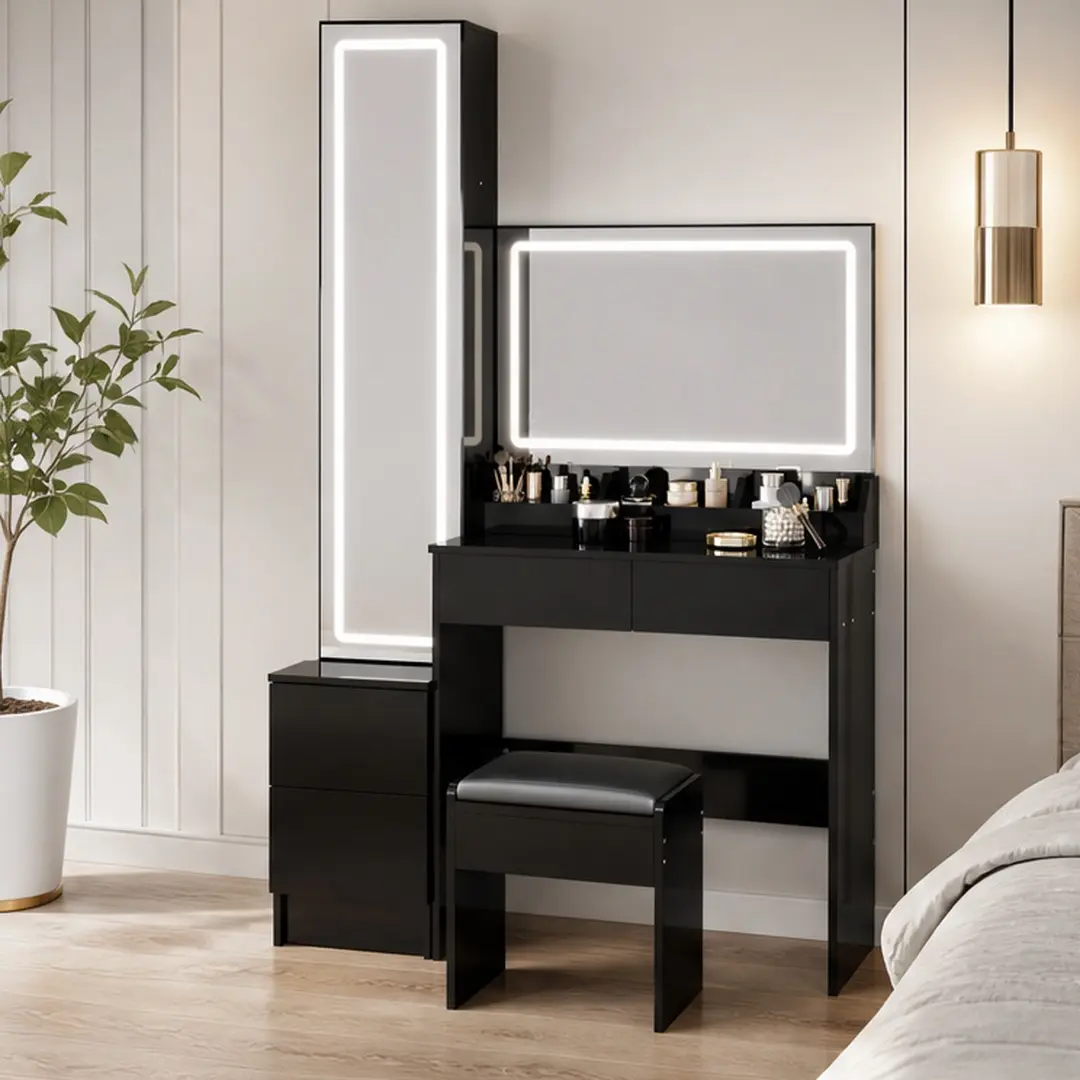 Modern LED Vanity Dresser Set - Extra Large Makeup Vanity Desk with Lights, Full Body Mirror Cabinet, Cushioned Stool, Touch Control 3-Color Dimmable Lighting, Multi-Layer Storage, Black MDF, American Design, 63" H x 43.3" D x 15.7" W, for Bedroom