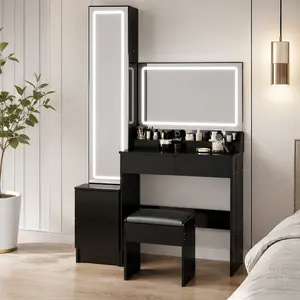 Modern LED Vanity Dresser Set - Extra Large Makeup Vanity Desk with Lights, Full Body Mirror Cabinet, Cushioned Stool, Touch Control 3-Color Dimmable Lighting, Multi-Layer Storage, Black MDF, American Design, 63" H x 43.3" D x 15.7" W, for Bedroom
