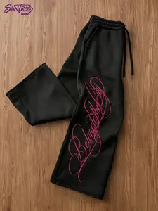 Unisex Black Wide Leg Sweatpants with Hot Pink Script Print American Streetwear Pants