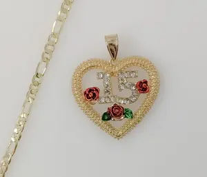 Plated Heart "My 15" Quince 4mm Figaro Chain Necklace