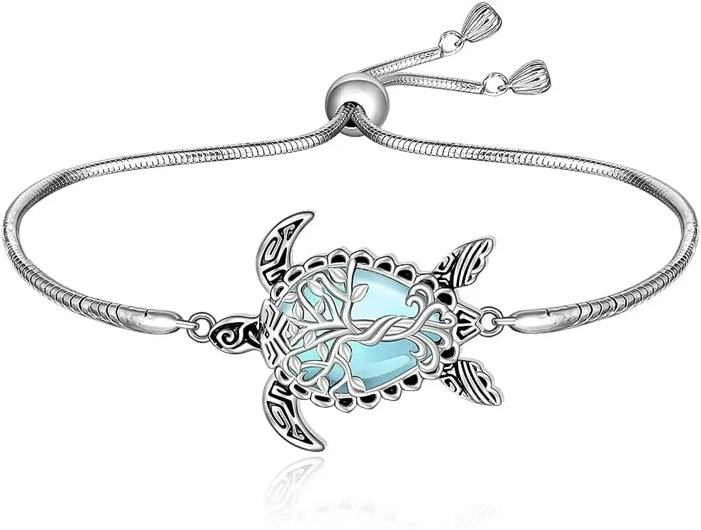 Fenthring Turtle Bracelet S925 Sterling Silver Moonstone Tree of Life Sea Turtle Bracelet for Women Adjustable Ocean Beach Hawaiian Sea Jewelry Birthday Gifts