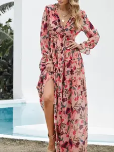 Women's Floral Print Frill Trim Ruffle Hem Dress, Elegant V Neck Flounce Long Sleeve A Line Bohemian Dress for Vacation Holiday Wedding Guest, Ladies Clothes for All Seasons