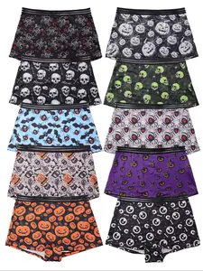 Morvia 10pcs Gothic Women's Boyshorts Set, Skull & Pumpkin Prints, Fitted Comfortable Elastic, Breathable Fabric, Fashion Comfy Underwear, All Seasons Wear