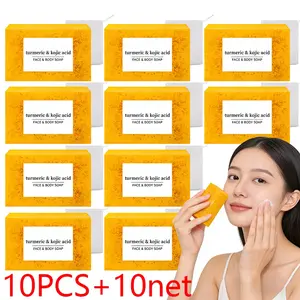 10 pieces of 100g curcumin kojic acid granule soap, containing turmeric essence and lemon, with 10 foaming nets, rich soaking, deep cleaning, Cleansing, moisturizing and brightening, suitable for body, face, and all genders, Body Care