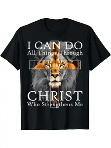 Christian Lion Faith T-Shirt, Unisex Printed Casual Round Neck Short Sleeve Top, Fitted Letter Pattern, All Seasons Wear