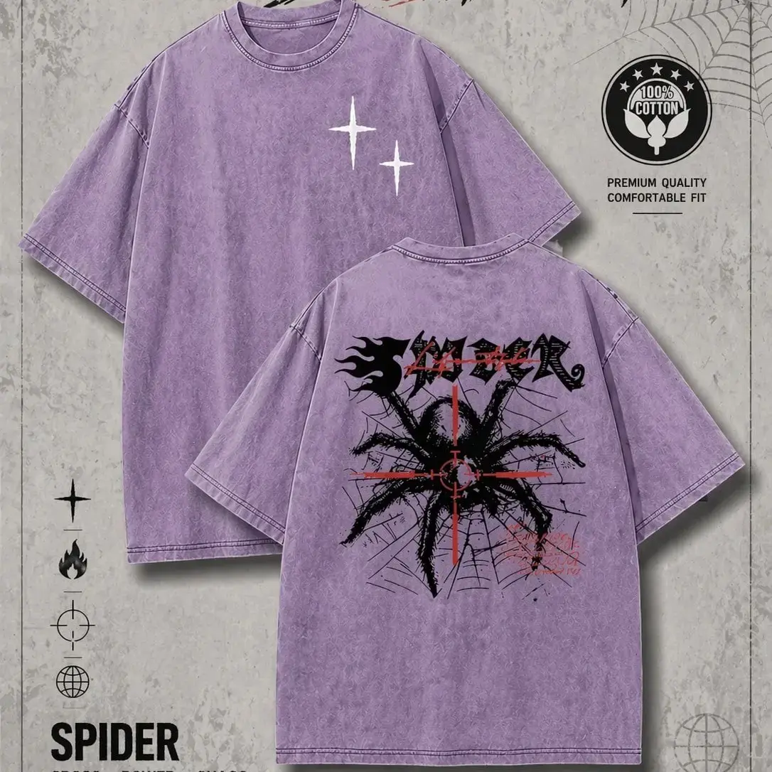 Vintage Gothic Spider Cross Target Grunge T-Shirt, Washed Gray Cotton Oversized Short Sleeve Tee, Dark Chaos Streetwear Front & Back Print Crewneck Shirt