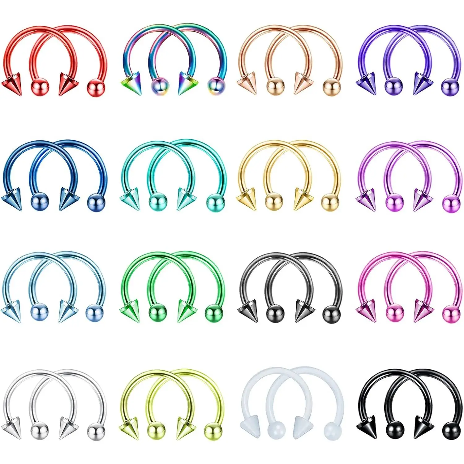 32 count 16G Horseshoe Septum Rings Stainless Steel Nose Circular Barbells Rings Cartilage Tragus Helix Eyebrow Colorful Daith Earring Piercings   Ball/Arrow 8mm 10mm