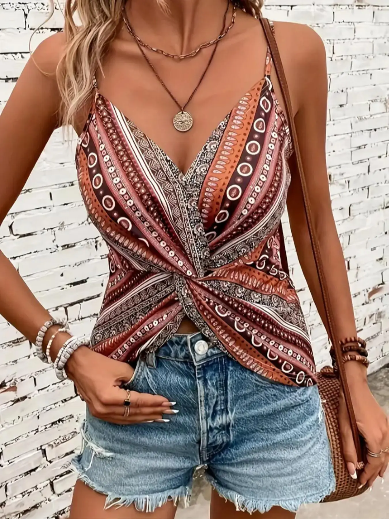 Women's Textured Geometric Boho Fashion Casual Knitted Crisscross Knot Backless Sleeveless Cropped Tank Top Casual Beach, Adjustable Shoulder Straps V Neck Summer Casual Wear, Perfect for Vacation, Slim-Fitting Bohemian Womenswear