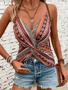 Women's Textured Crisscross Knot Backless Crop Tank Top, Adjustable Shoulder Straps V Neck Summer Casual Wear, Perfect for Vacation