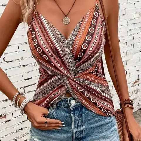 Women's Textured Geometric Boho Fashion Casual Knitted Crisscross Knot Backless Sleeveless Cropped Tank Top Casual Beach, Adjustable Shoulder Straps V Neck Summer Casual Wear, Perfect for Vacation, Slim-Fitting Bohemian Womenswear