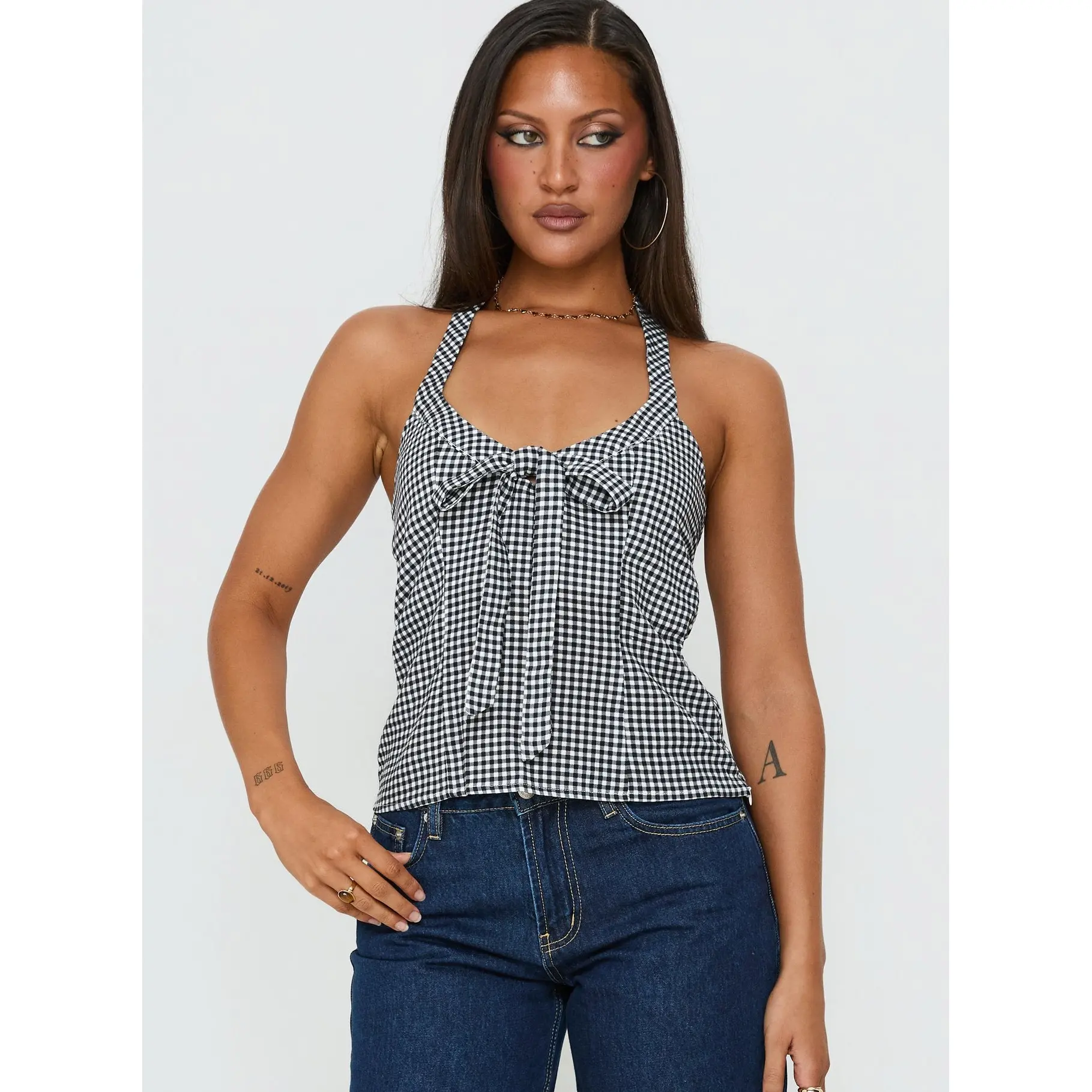 Puzzle Pieces Tie Detail Halter Top Black / White Gingham