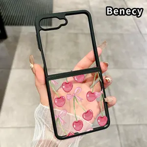 Cherry Bows Pattern Transparent TPU Phone Case for Z Flip 7/6/5/4, Folding Silicone Design with Central Axis Protection and Full Lens Coverage