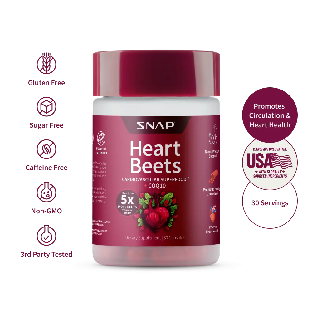Snap Supplements - Heart Beets Capsules - Support Healthy Heart & Circulation - Nitric Oxide Supplement for Men and Women - 3rd Party Tested