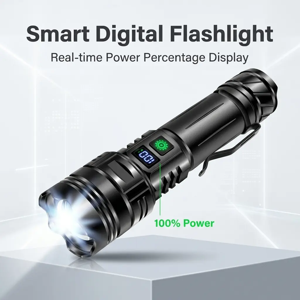 EDC Tactical Flashlight, High-Lumen Rechargeable LED Torch with LCD Real-Time Power Display, Heavy-Duty Aluminum Body, Pocket Clip for Home Emergency, Outdoor Camping