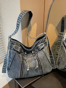 Vintage Denim Crossbody Shoulder Bag, Casual All-Seasons Solid Pattern, Large Capacity Women's Backpack, Trendy Commuter Bag
