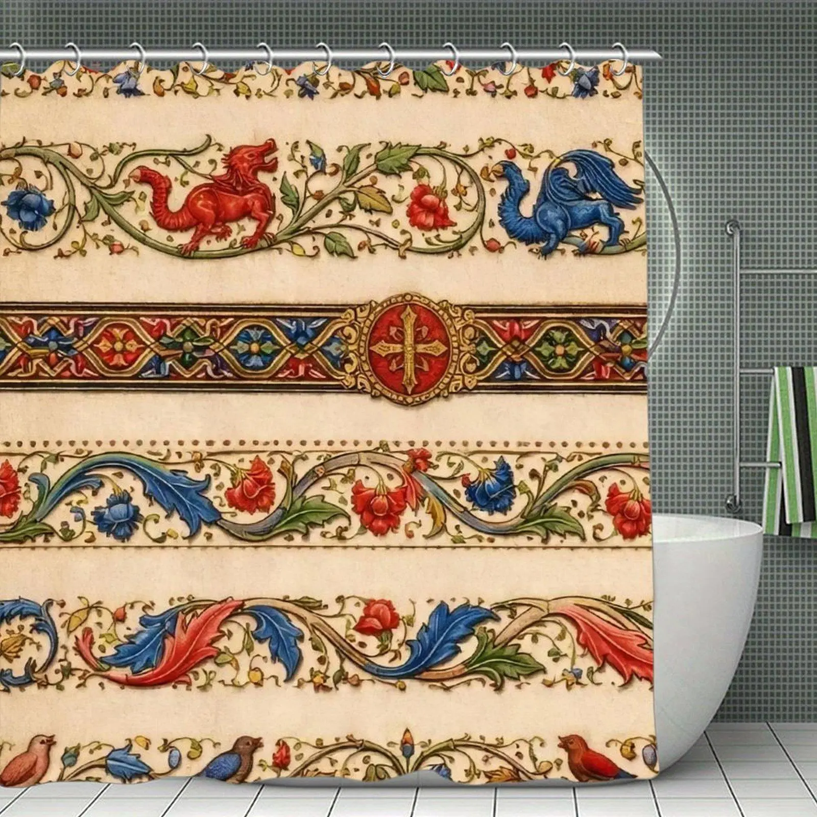 Medieval Dragon Floral Border Print Waterproof Shower Curtain, Antique Illustration Bathroom Decor
