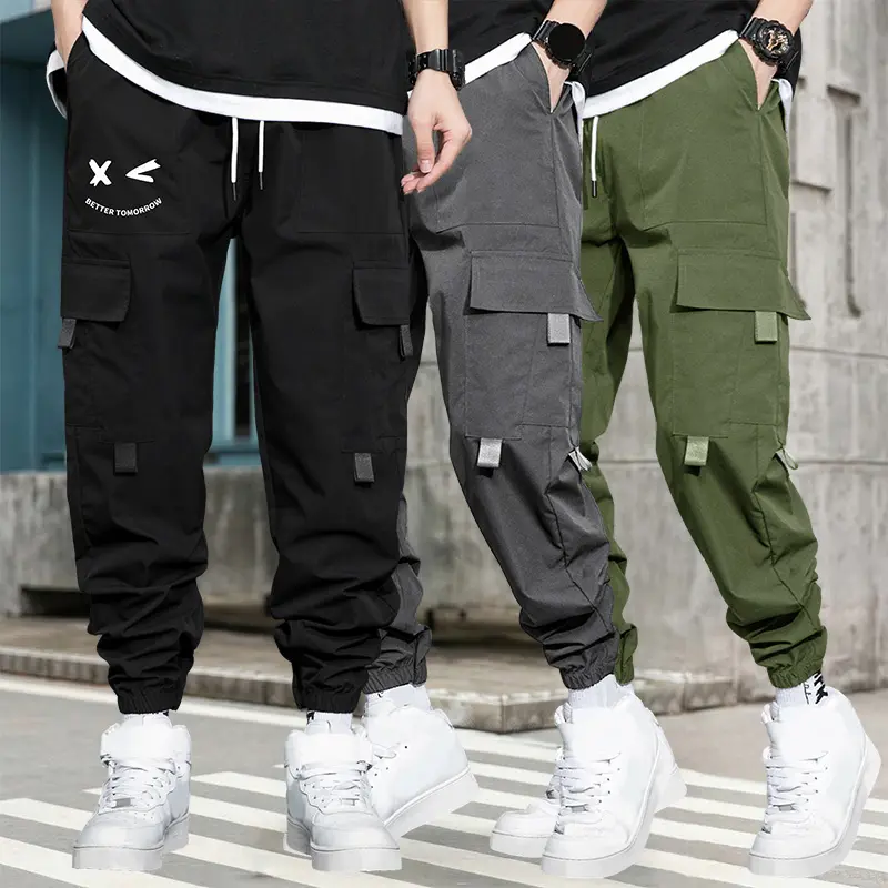 Men's 3-Pack Cargo Pants - Soft, Breathable, Mid-Waist, Loungewear Joggers with Multiple Pockets, Cuffed Printed Fabric, Playful Smiley Face Cartoon Pattern, American Street Style, Outdoor All-Season Loose Casual Trousers