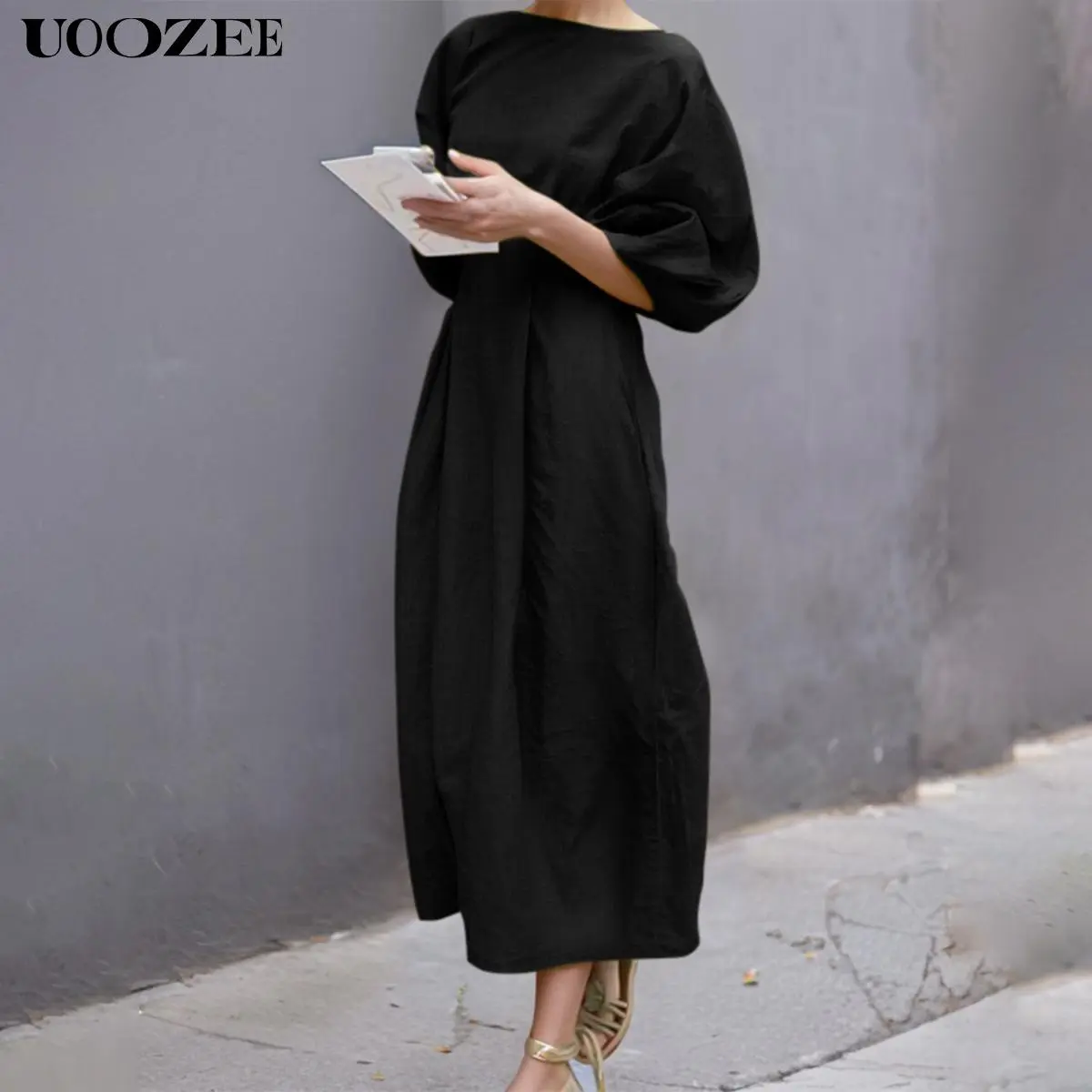 UOOZEE Women's Minimalist Linen-Viscose Casual OL Dress - Elegance, Solid  Color, Round Neck, Half Sleeve, Loose