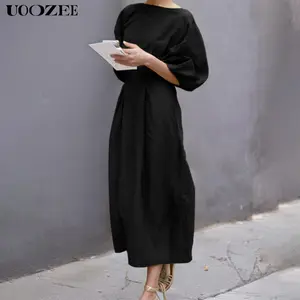 UOOZEE Womenswear Spring short-sleeved loose long skirt - solid color round neck casual summer comfortable daily elegant linen fabric comfortable breathable daily commuting dress (the size is too large, it is recommended to order a size smaller)