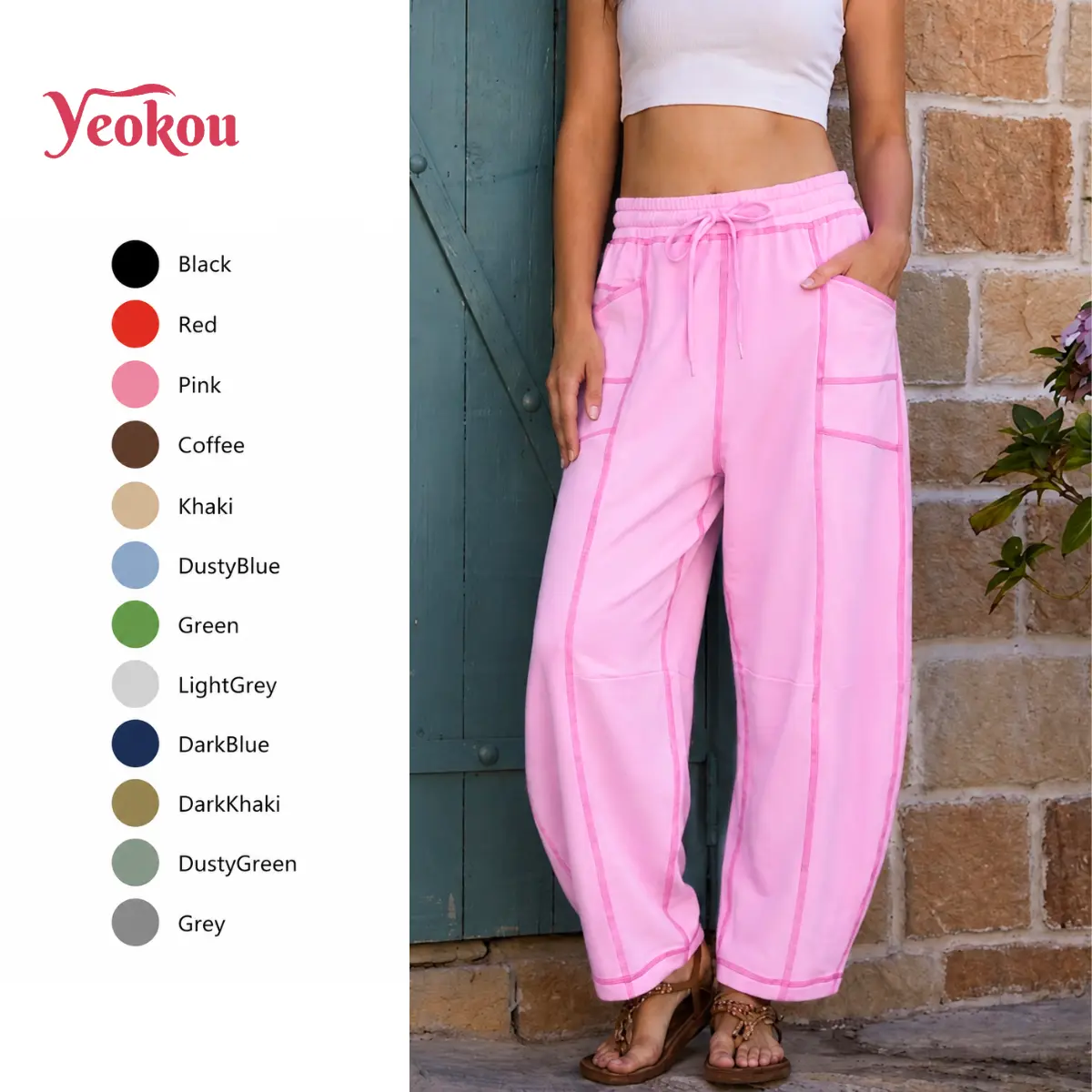 Yeokou Womens Baggy Wide Leg Pants Casual Summer Palazzo Pants Drawstring Waist Lounge Pants with Pockets,summerwins Trouser,back to school shopping