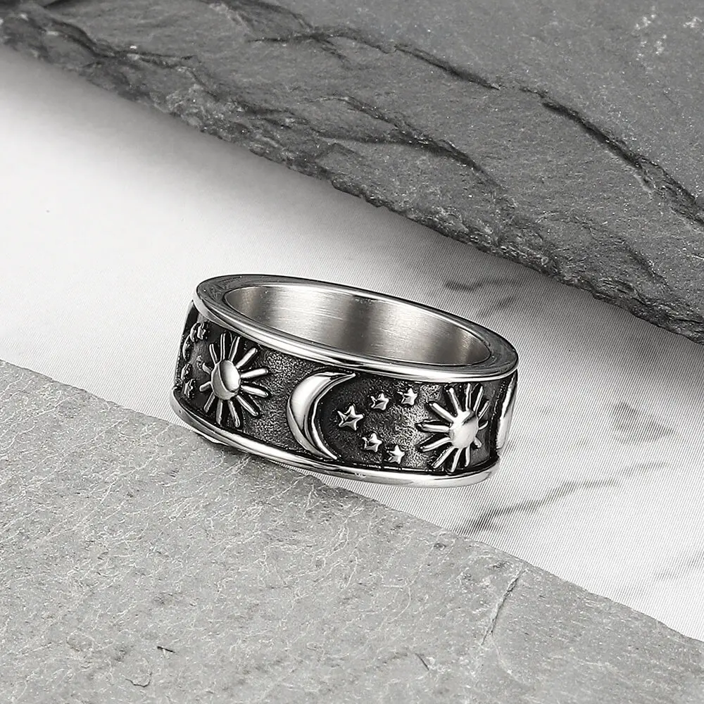 GTHIC Unisex 8mm Engraved Moon Star Solar Sun Stainless Steel Ring, Minimalist Jewelry Accessory for Daily Wear, Engraved Ring, Solar Sun Rings