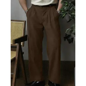 Men's Solid Color Micro-Pleat Straight-Leg Suit Pants Casual Fabric Menswear Polyester Plain Brown