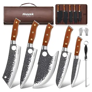 Huusk Butcher Knife Set, 8pcs Viking Chef Knife Set with Roll Bag, High Carbon Steel Forged Viking Knife, Meat Cleaver, Kitchen Knives Sets for Cooking Camping BBQ, Gift for Men Husband
