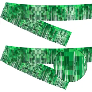 Green Pixel Float Decorations Foil Fringe Garland 2 Pack 10 Ft, Metallic Tinsel Streamers for Trailer , Pixel Gamer Theme Birthday Party Backdrop