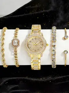 5counts/set Women's Watch and Bracelet Set Sparkling Watch and Bracelet Set