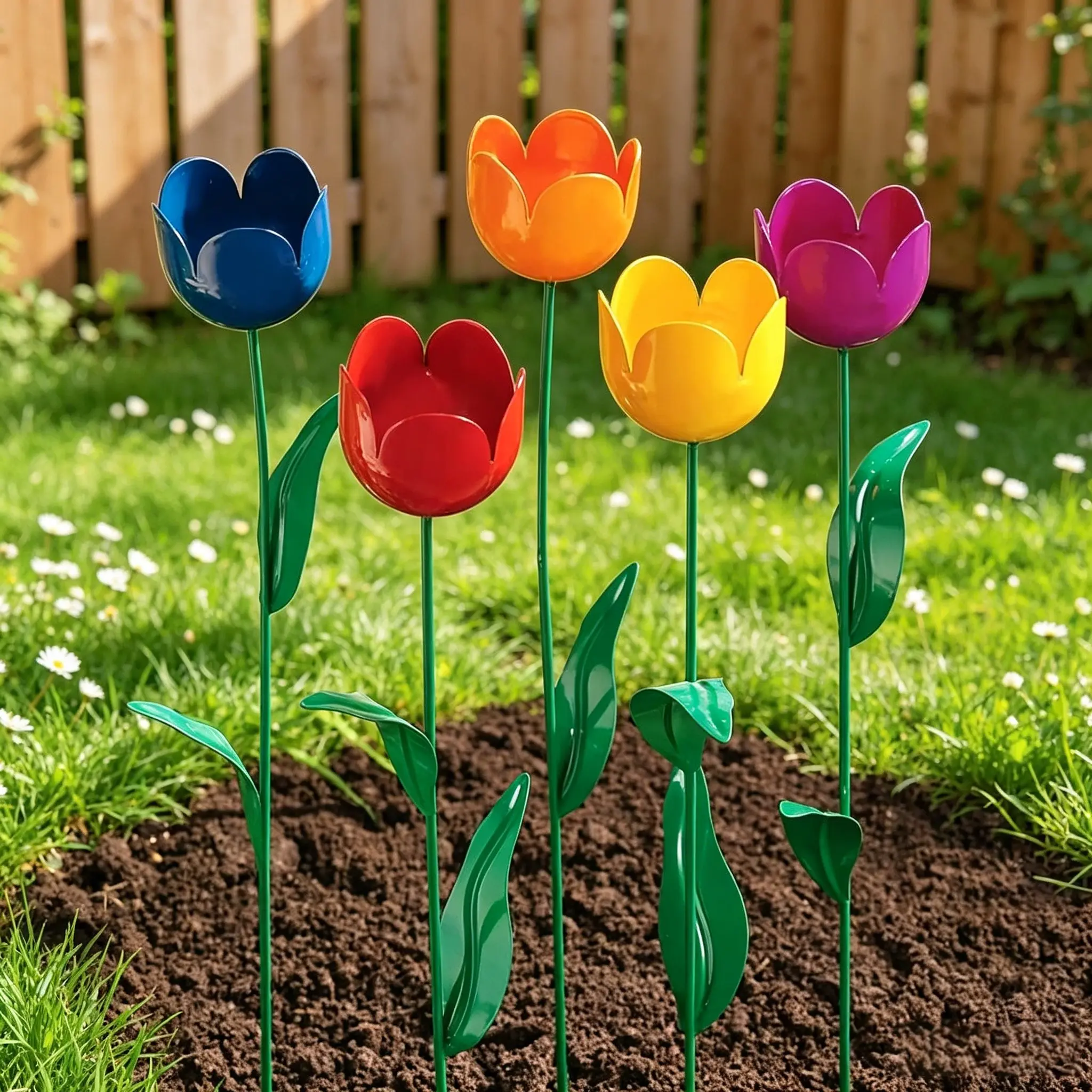 5pcs Art Deco Metal Tulip Garden Stakes, Garden Accessories, Garden Supplies, Iron Decorative Stakes for Outdoor Decor, Flower Theme for Wedding and Yard Styling