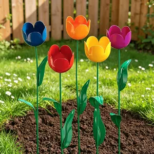 5pcs Art Deco Metal Tulip Garden Stakes, Garden Accessories, Garden Supplies, Iron Decorative Stakes for Outdoor Decor, Flower Theme for Wedding and Yard Styling