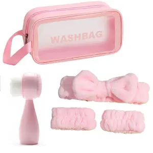 Pink Travel Wash Bag Set with Facial Cleansing Brush & Hair Bands