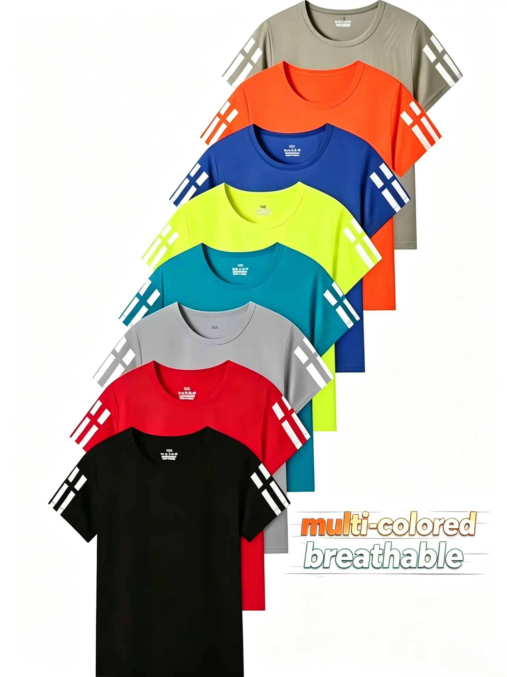 Kids' 8-Piece Tops Set, Sporty Quick-Dry Polyester Crewnecks, Universal for Boys & Girls Ages 4-5Y, 6 - 10 Years, Striped Tops, Multi-Size