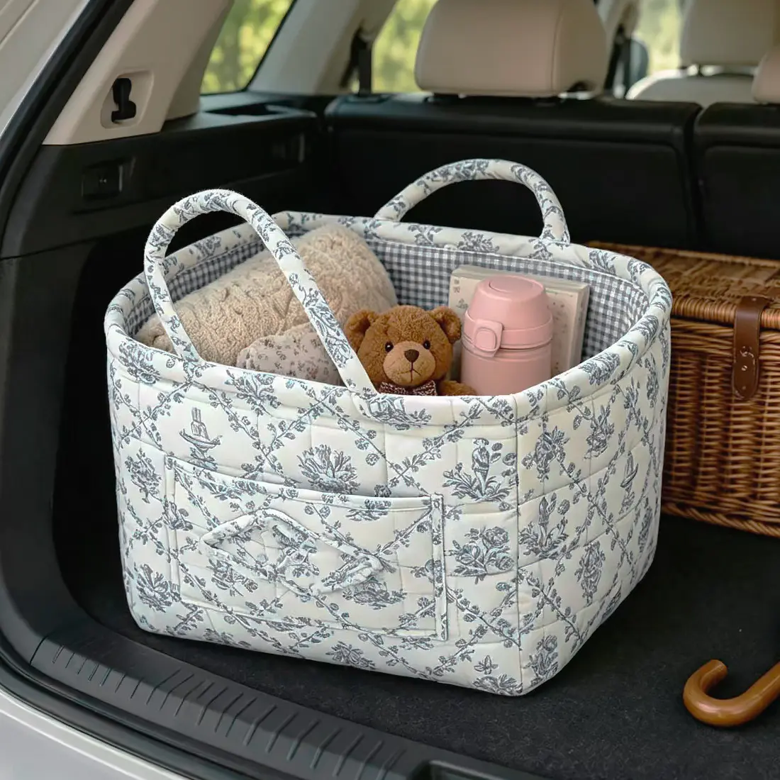 Floral Print Foldable Car Rear Seat Storage Basket - Car Accessories, Large-Capacity Multi-Functional Space Saver with Handle, Washable Durable Thick Cotton Fabric for Clothes, Toys, Quilted
