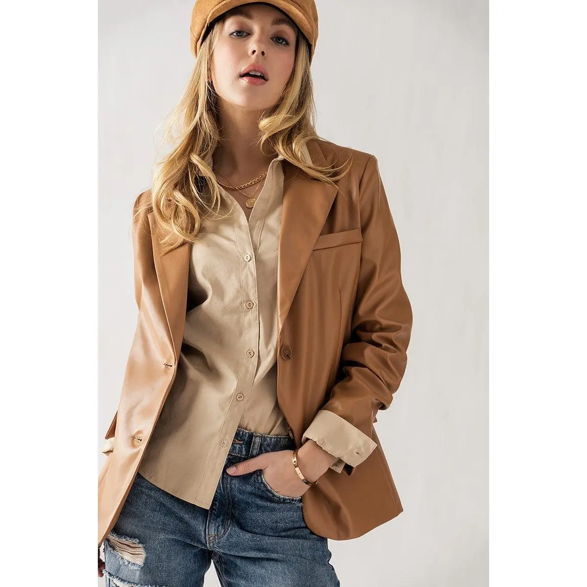 Faux Leather Lapel Neck Blazer - Camel