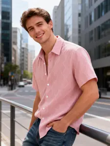 Men's Dusty Pink Wave Textured Print Short-Sleeve Collared Shirt - Lapel Button-Down Design, Lightweight Breathable Fabric, Relaxed Fit, Perfect for At-Home Lounging, Casual Outings & Summer Layering, Breathable Casual Top
