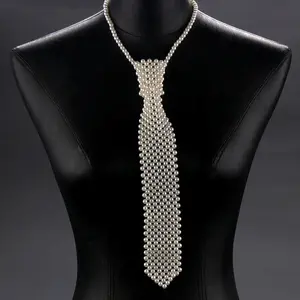 Elegant Handmade Beaded Pearl Tie - Baroque Style, Resin Crafted Necktie with Classic White Pearls for Fashion-Forward Accessory-FGJ5