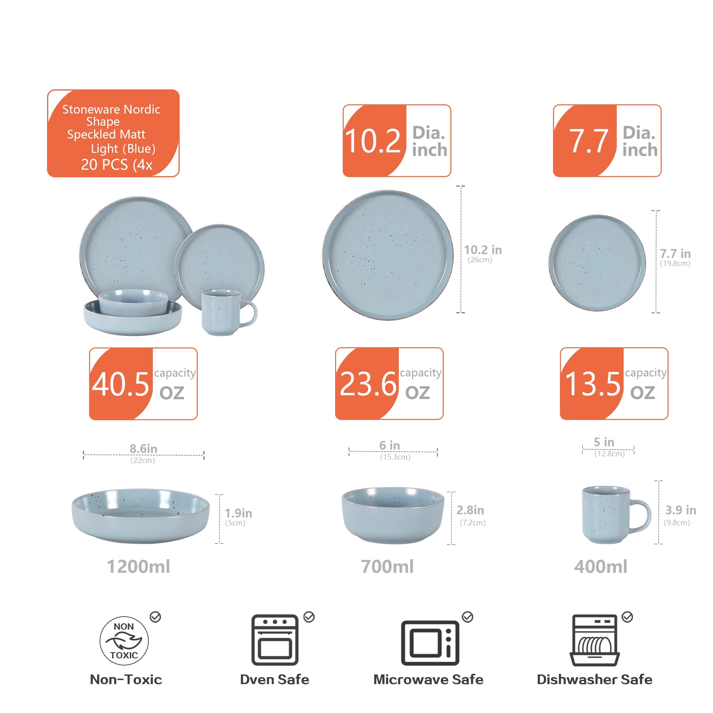 Nordic Style Round Stoneware 20pc Dinnerware Sets Speckled Matt Light Blue Plate and Bowl Set