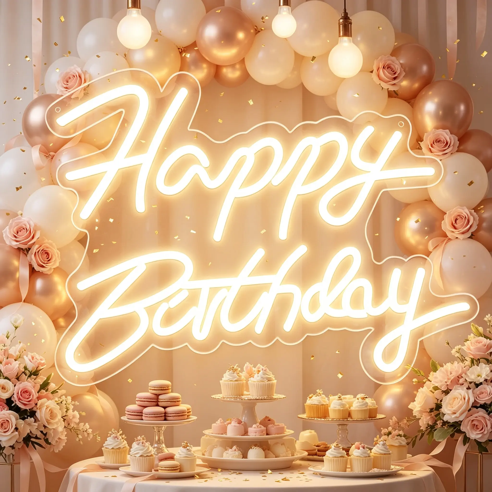 Dimmable Warm White LED Happy Birthday Neon Sign, USB-Powered Reusable Indoor Wall Decor, Easy-To-Hang Specialty Lighting for Birthday Party Backdrops, Home Bedrooms