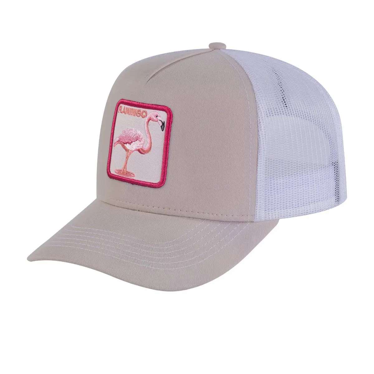 Embroidered The Flamingo - 5 Panel Trucker Hat - Beige/White