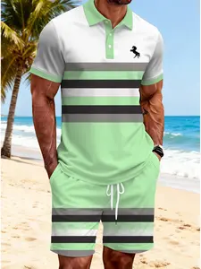 Men's Mint Multi-Layer Stripe Polo Set, Embroidered Collar Short Sleeve, Drawstring Shorts, Quick-Dry Breathable Summer Wear